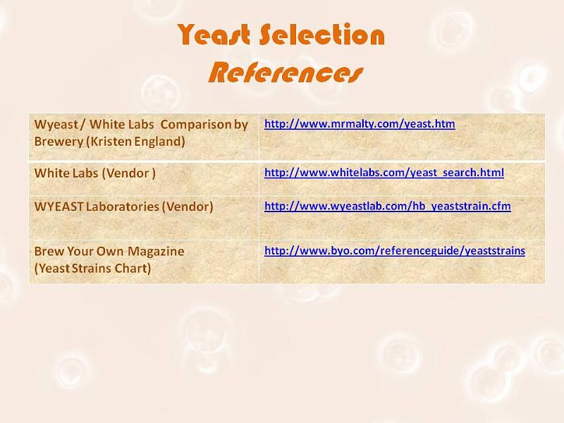 Slide12.JPG - Select an appropriate yeast for the style of beer you plan to brew. Use cross comparison charts for substitutions. If all else fails, brew with what you have but be prepared for experimental results.